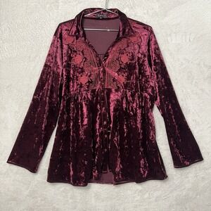 Andree By Unit Crushed Velvet Tunic Embroidered Floral Button Up Women's 1X
